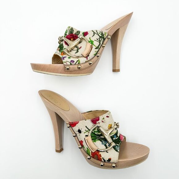 Gucci Horsebit Platform Floral Mules Sandals Heels Size 38, 8 - Picture 9 of 12